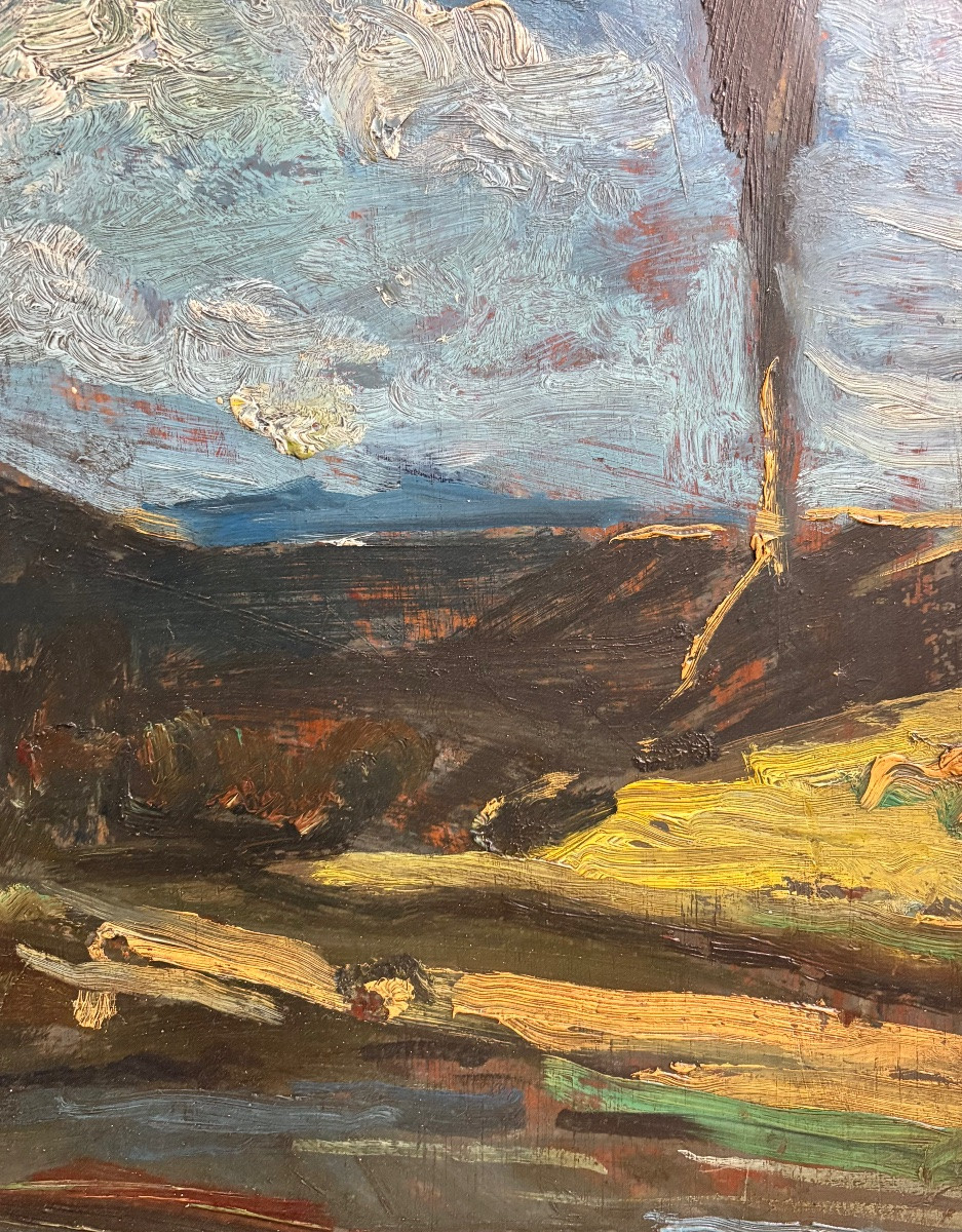 "Paysage aux cyprès" . Antonio Fontanesi (1818-1882), attri. à Huile sur panneau.-photo-3