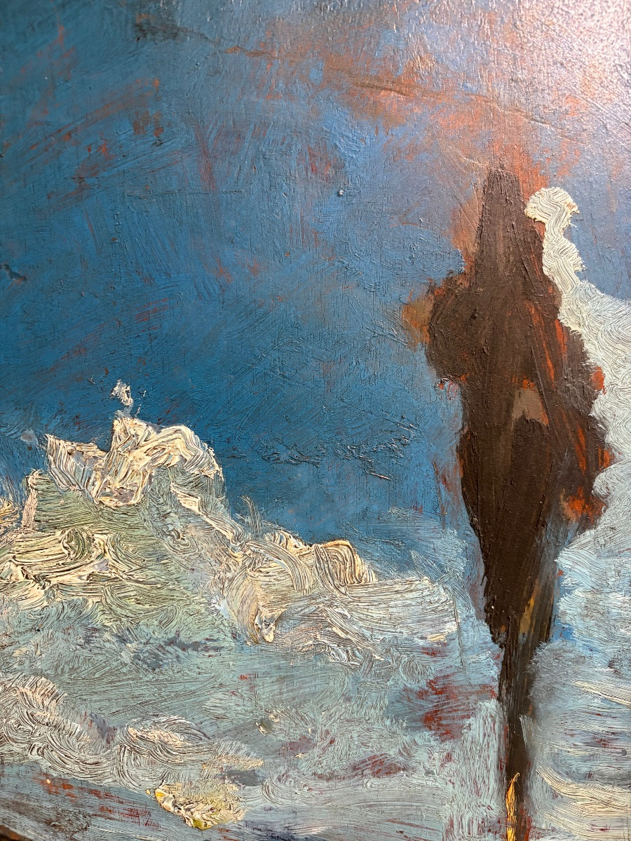 "Paysage aux cyprès" . Antonio Fontanesi (1818-1882), attri. à Huile sur panneau.-photo-4