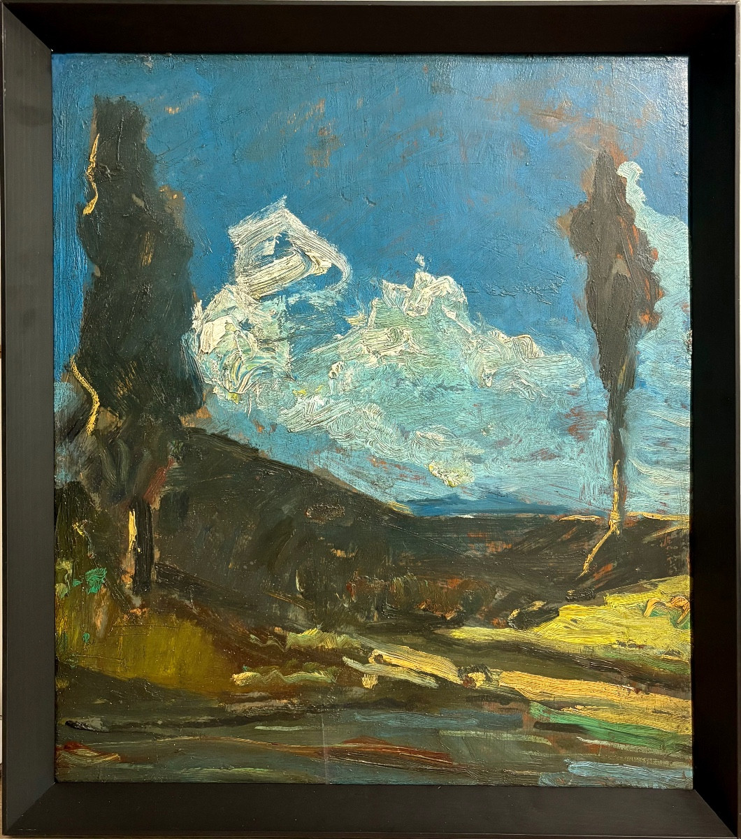 "Paysage aux cyprès" . Antonio Fontanesi (1818-1882), attri. à Huile sur panneau.