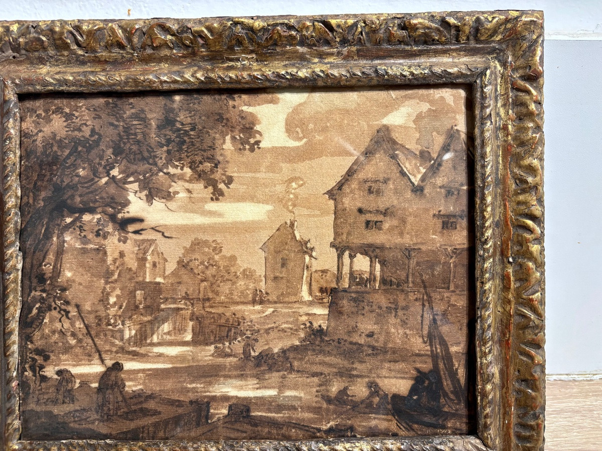 Dessin début 18ème siècle, école française ou du nord. Cadre Louis XIII.-photo-1