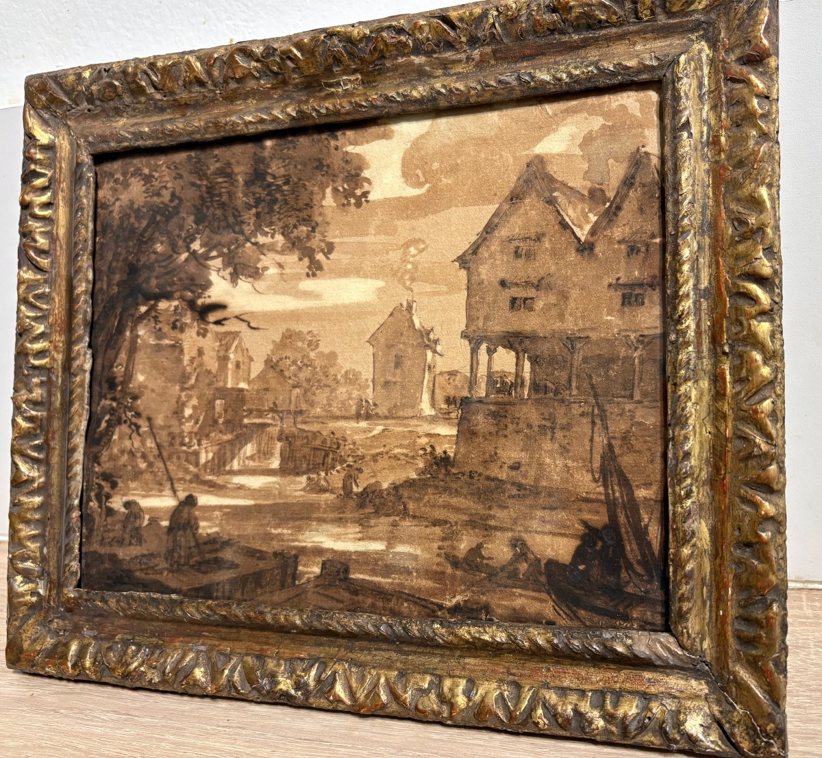 Dessin début 18ème siècle, école française ou du nord. Cadre Louis XIII.-photo-3