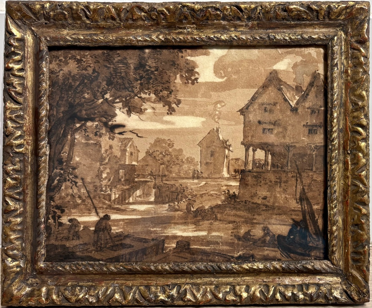 Dessin début 18ème siècle, école française ou du nord. Cadre Louis XIII.
