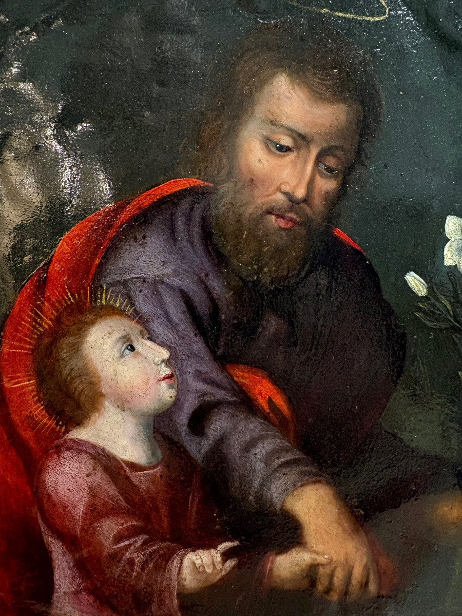 "Joseph et l'enfant Jésus", huile sur cuivre vers 1700-photo-1