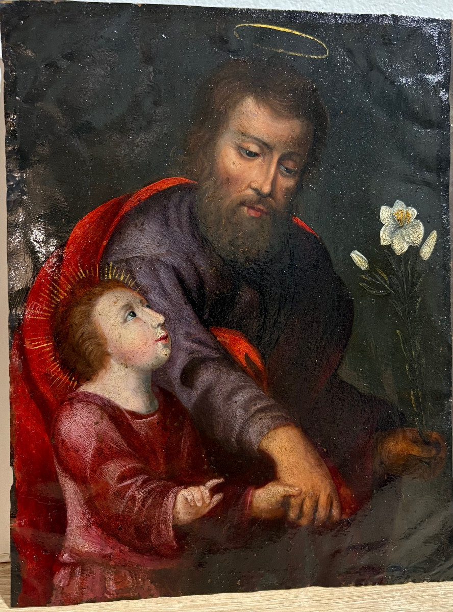 "Joseph et l'enfant Jésus", huile sur cuivre vers 1700