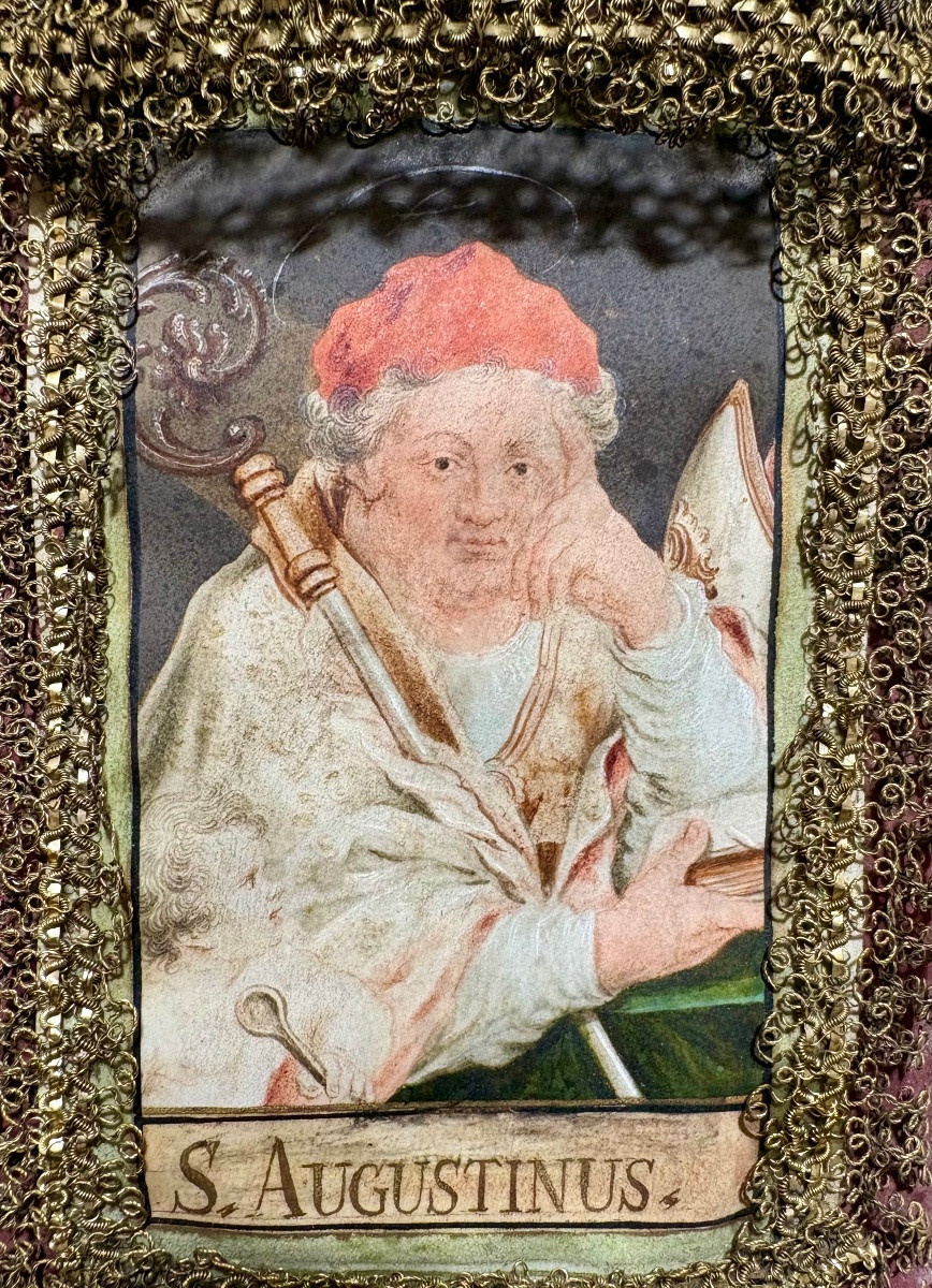 "Saint Augustin",  Aquarelle encadrée de fils argenté et doré, cadre de style Louis XIV.-photo-1