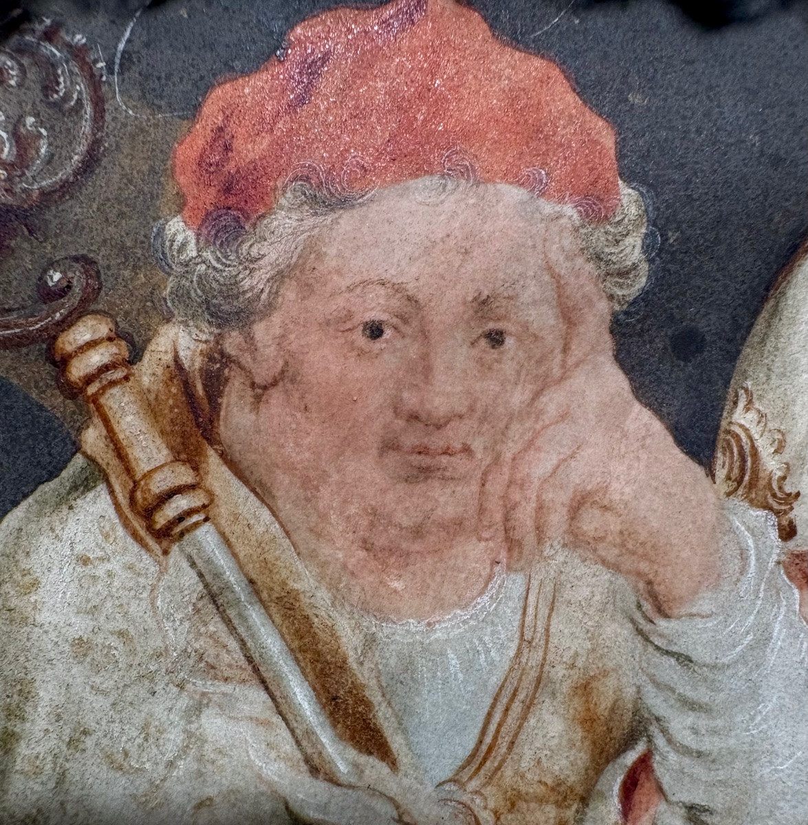 "Saint Augustin",  Aquarelle encadrée de fils argenté et doré, cadre de style Louis XIV.-photo-3