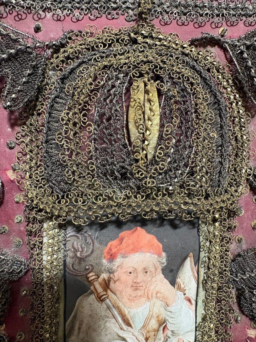 "Saint Augustin",  Aquarelle encadrée de fils argenté et doré, cadre de style Louis XIV.-photo-4