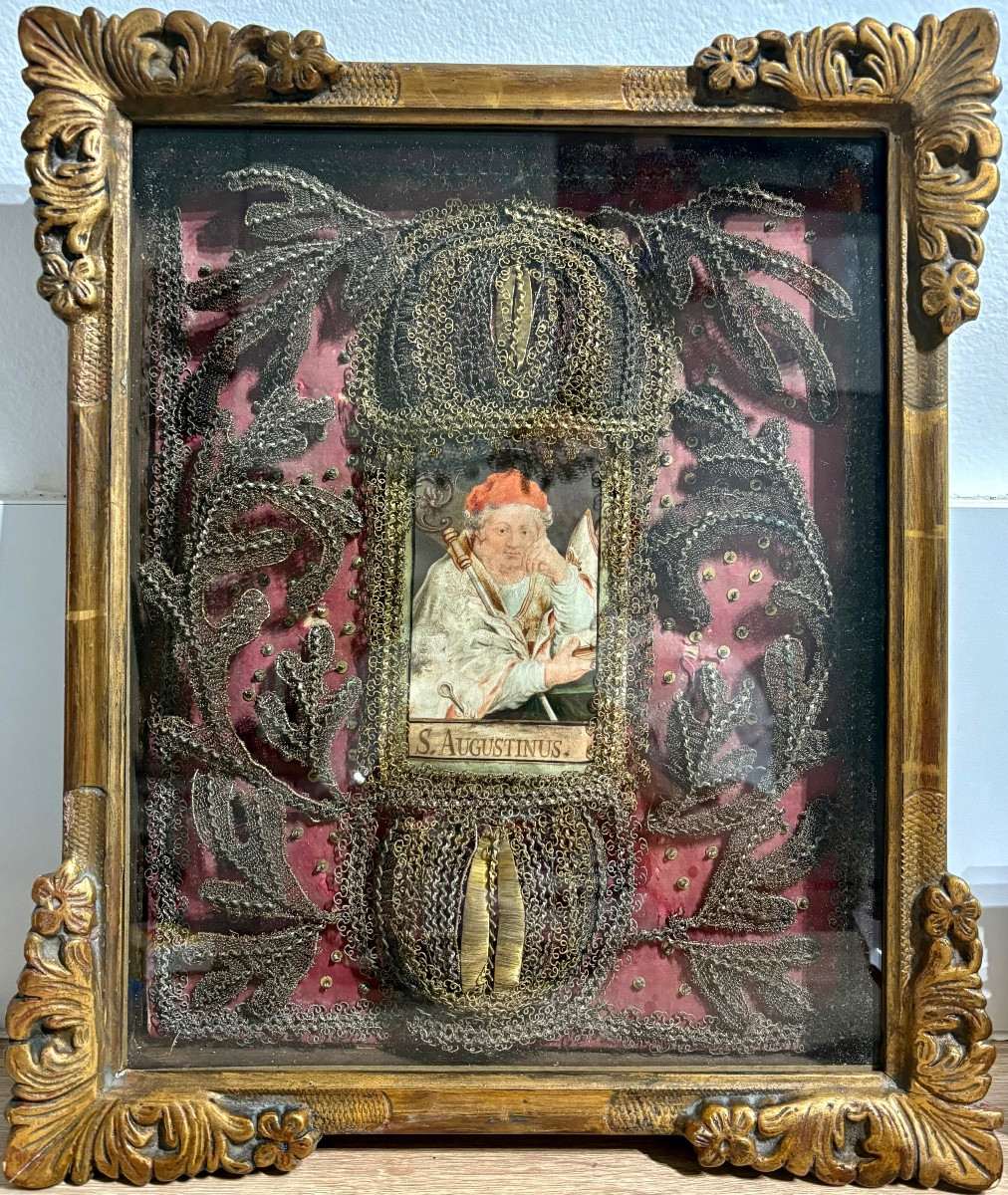 "Saint Augustin",  Aquarelle encadrée de fils argenté et doré, cadre de style Louis XIV.