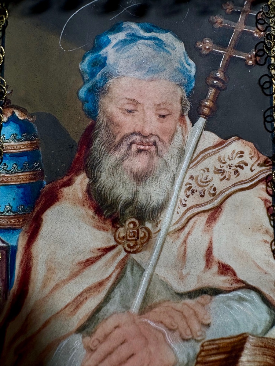 "Saint Gregoire" Aquarelle, Canivet de fils argenté et doré, fond de soie rose. Cadre. 19ème -photo-4
