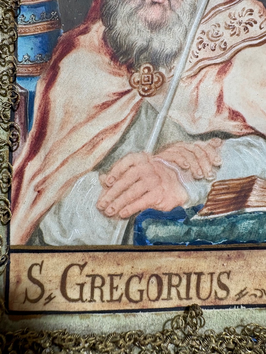 "Saint Gregoire" Aquarelle, Canivet de fils argenté et doré, fond de soie rose. Cadre. 19ème -photo-1