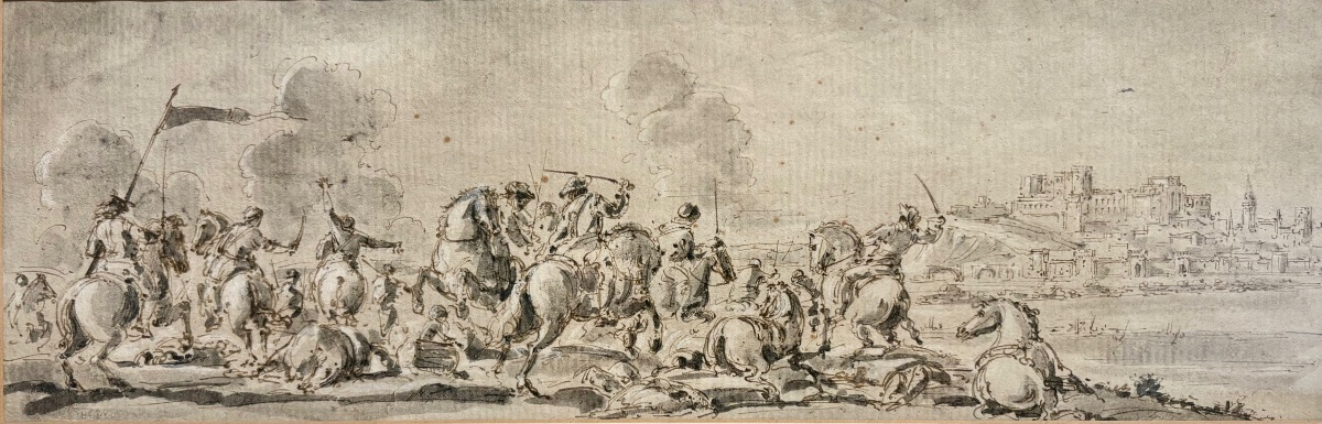 Scène de bataille, Dessin italien 18ème siècle, encre et lavis.-photo-2