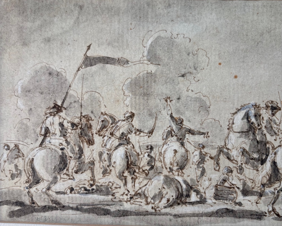 Scène de bataille, Dessin italien 18ème siècle, encre et lavis.-photo-1