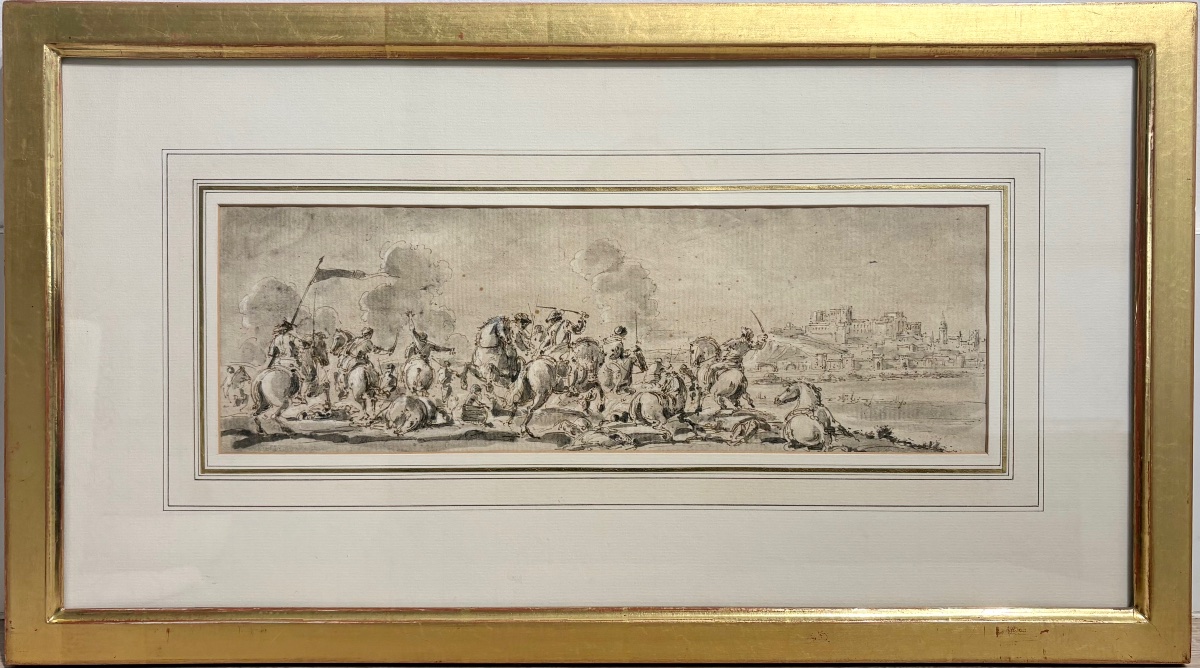 Scène de bataille, Dessin italien 18ème siècle, encre et lavis.
