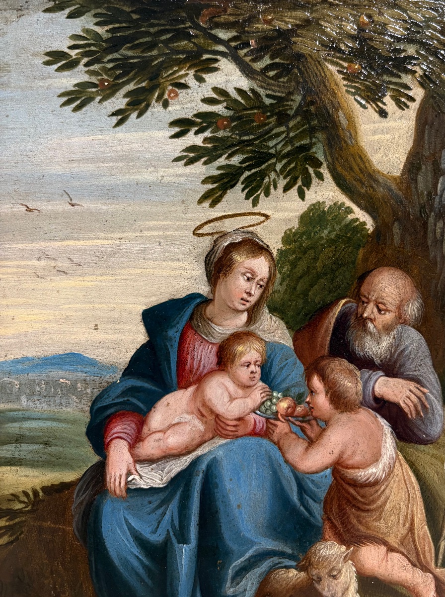 "Sainte famille et Saint Jean Baptiste" Huile sur cuivre vers 1700-photo-2