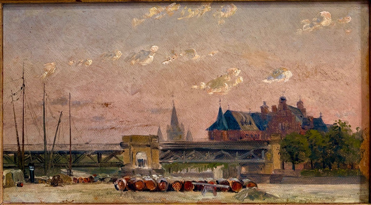 "view Of The Harbor," Attributed To Charles Lapostolet (1890–1924), Oil On Cardboard.-photo-2