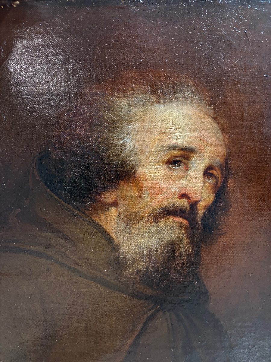 "Portrait d'un moine ou d'un Saint en prière", huile sur toile du début du 19ème siècle-photo-4