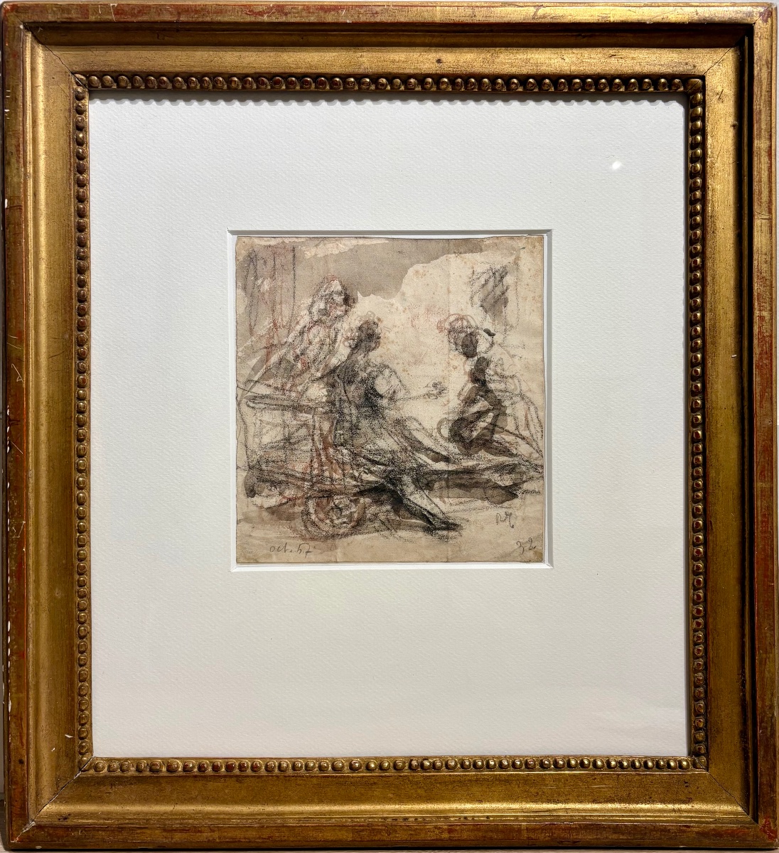 19th-century French School, Study In Black Chalk And Wash, Signed.