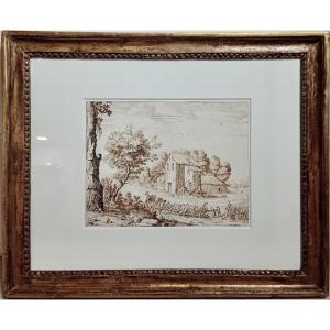 Ercole Bazzicaluva (1590-1641) Pen Drawing, Italian Landscape, Early 17th Century