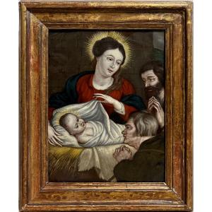 "L'adoration des bergers", huile sur cuivre, 17ème siècle.