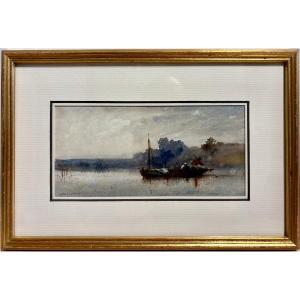 Jules Noël (1810-1881) pêcheurs sur l'étang, aquarelle sur papier.