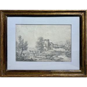 Ecole Française vers 1800, Passage des vaches sur le pont.