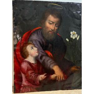 "Joseph et l'enfant Jésus", huile sur cuivre vers 1700