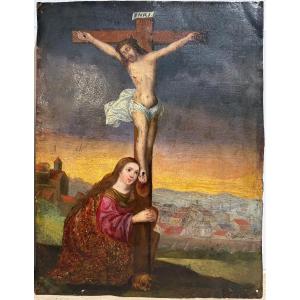 Christ sur la croix, huile sur cuivre fin 17ème.