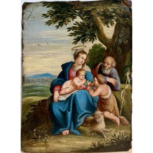 "Sainte famille et Saint Jean Baptiste" Huile sur cuivre vers 1700