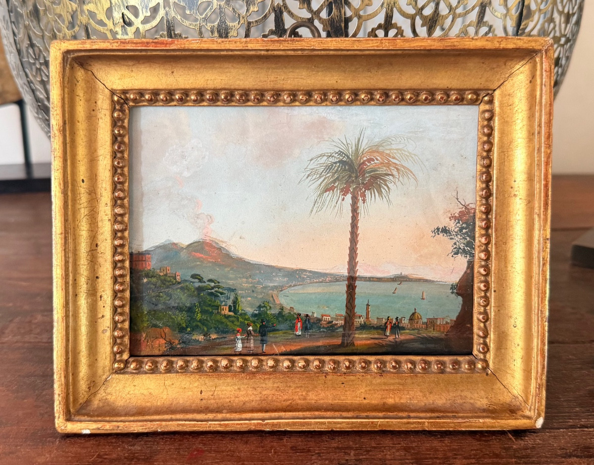 École napolitaine du XIXe - Vue de la baie de Naples