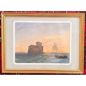 Jules COIGNET - Aquarelle "Fort de Camogli"