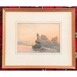 Jules COIGNET - Aquarelle paysage aux ruines