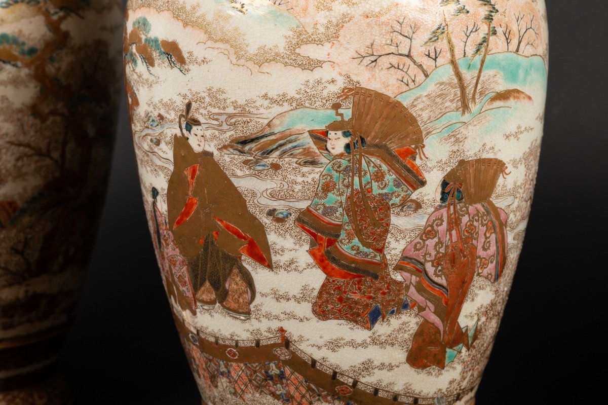 Vase Japonais Satsuma Période Meiji (19ème Siècle) - Forme Hexagonale, Décor Geishas Et Paysage
