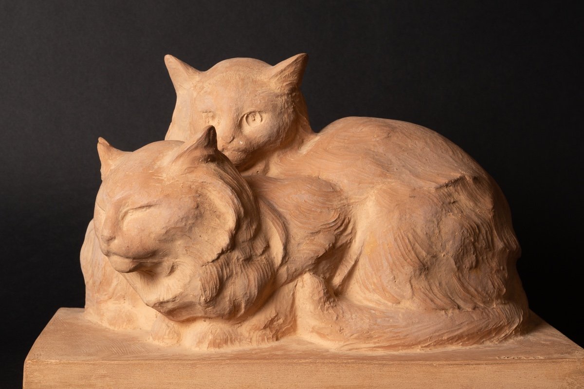 statue en pierre couple chats