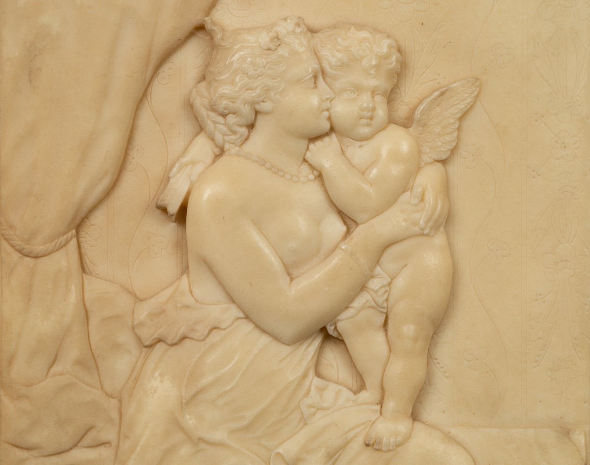 Bas-relief d'Une Femme Aux Cupidons, Albâtre, Académisme, France, XIXe Siècle-photo-2