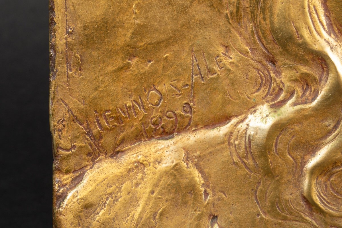 Bas-relief Ninon Yvonne, Claudia Alex-viennois, Bronze Doré, Art Nouveau, France, 1899.-photo-5