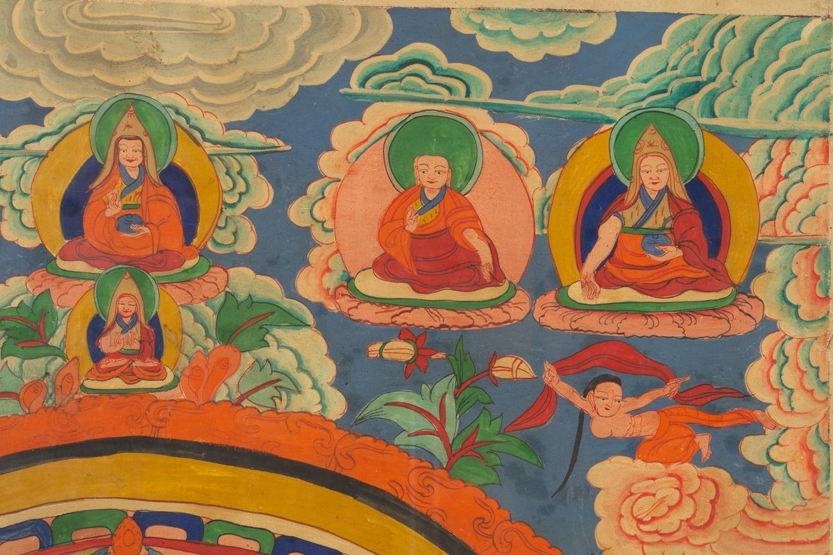Thanka (thangka, Tangka) With Mandala, Hand Painted On Canvas, Tibet / Nepal 1st Mid 20th-photo-4