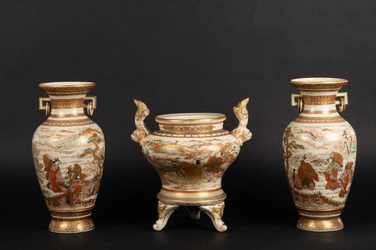 Ensemble De Trois Vases, Satsuma, Japon, ère Meiji (1868-1912) 