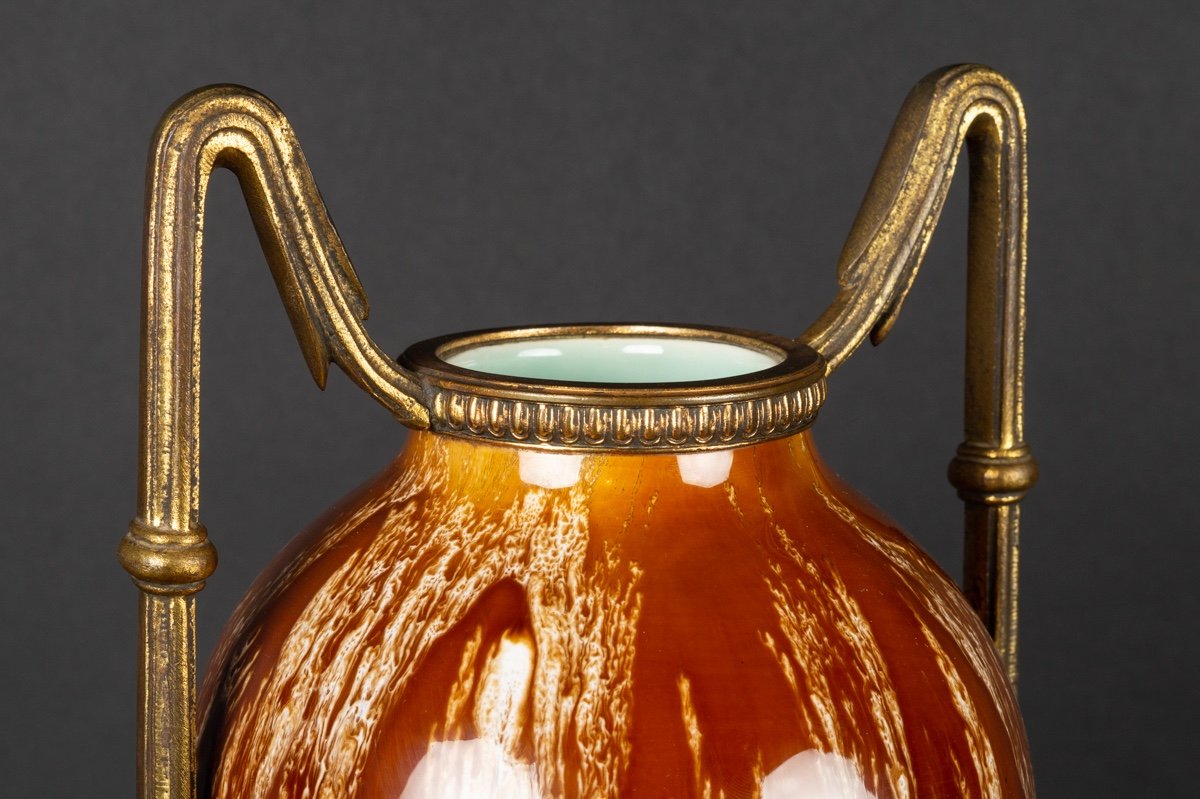 Large Art Deco Vase, Stoneware With Bronze Fittings, France, 1920s-photo-3