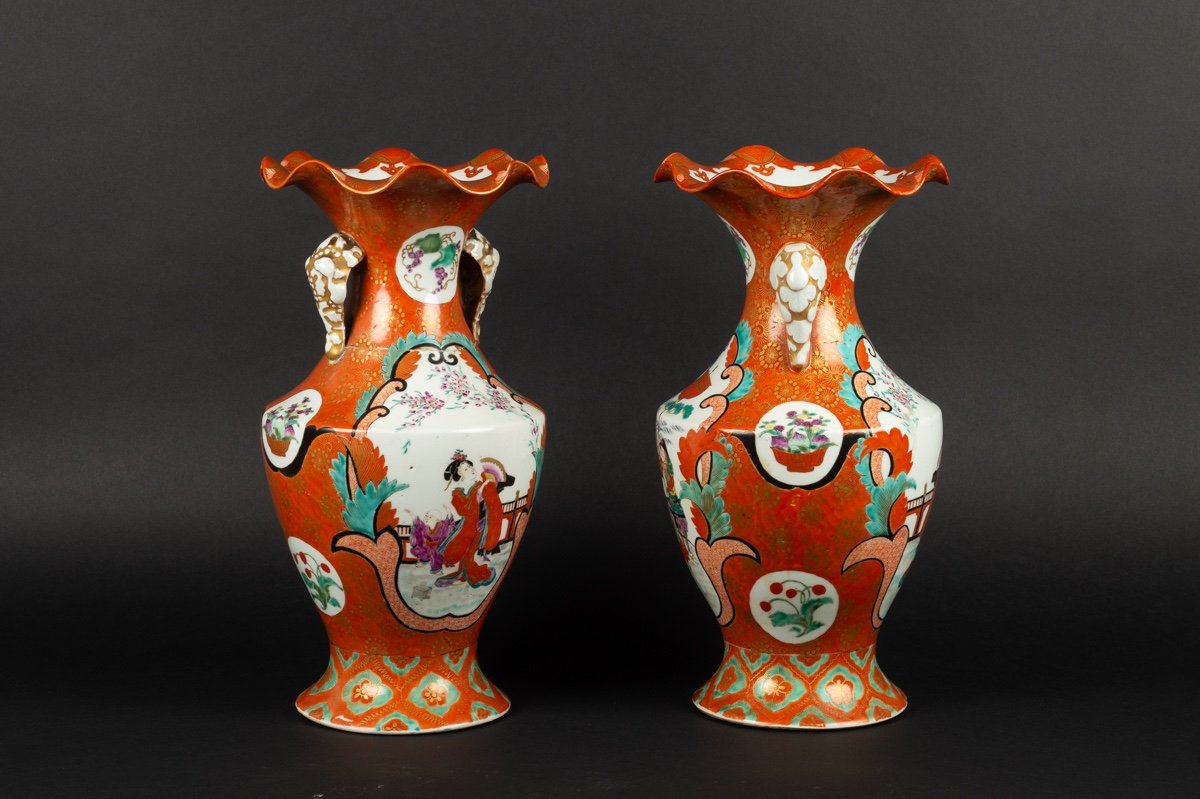 Paire De Vases Avec Geisha Et Samouraï, Kutani, Japon, ère Meiji (1868-1912)-photo-2