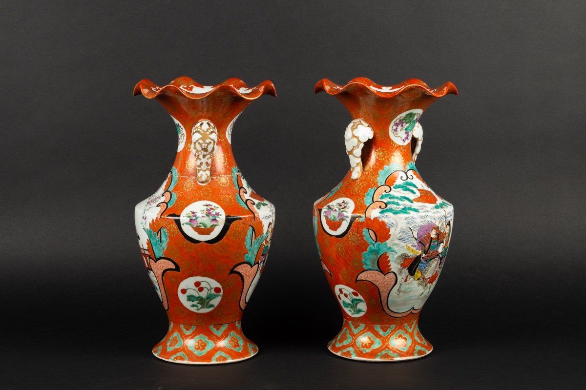 Paire De Vases Avec Geisha Et Samouraï, Kutani, Japon, ère Meiji (1868-1912)-photo-4