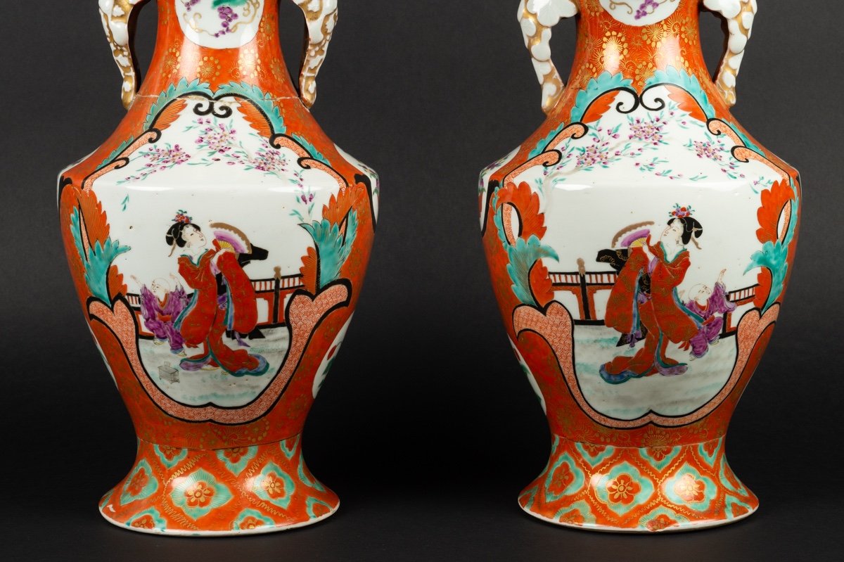 Paire De Vases Avec Geisha Et Samouraï, Kutani, Japon, ère Meiji (1868-1912)-photo-2