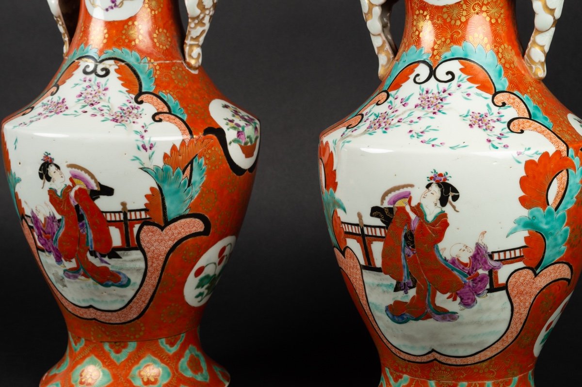 Paire De Vases Avec Geisha Et Samouraï, Kutani, Japon, ère Meiji (1868-1912)-photo-3