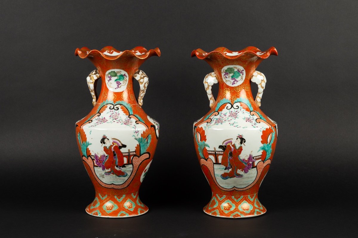 Paire De Vases Avec Geisha Et Samouraï, Kutani, Japon, ère Meiji (1868-1912)