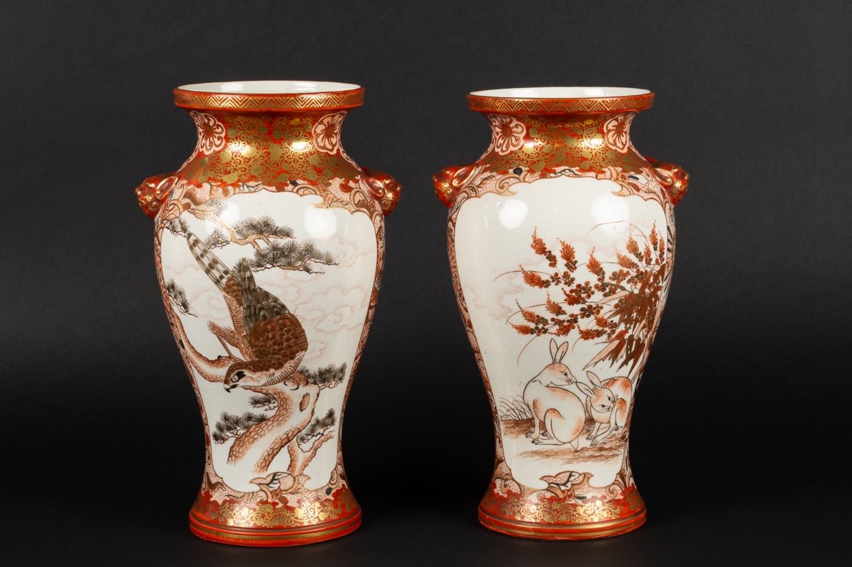Paire De Vases Avec Des Animaux, Kutani, Shusei - Seizan, Japon, ère Meiji (1868-1912)-photo-4