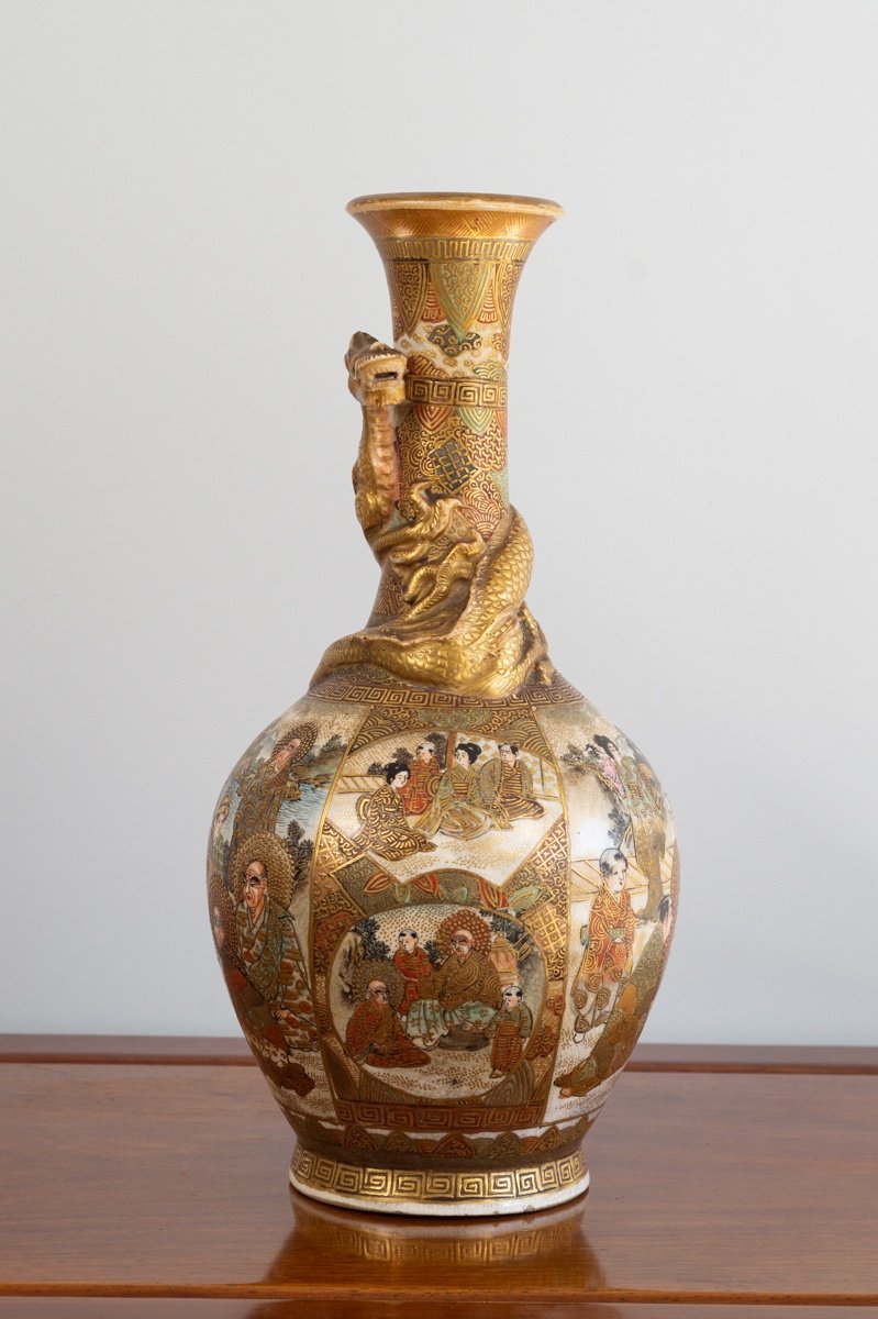 Vase Avec Dragon Et Personnages, Satsuma, Japon, ère Meiji (1868-1912), Signé. -photo-3