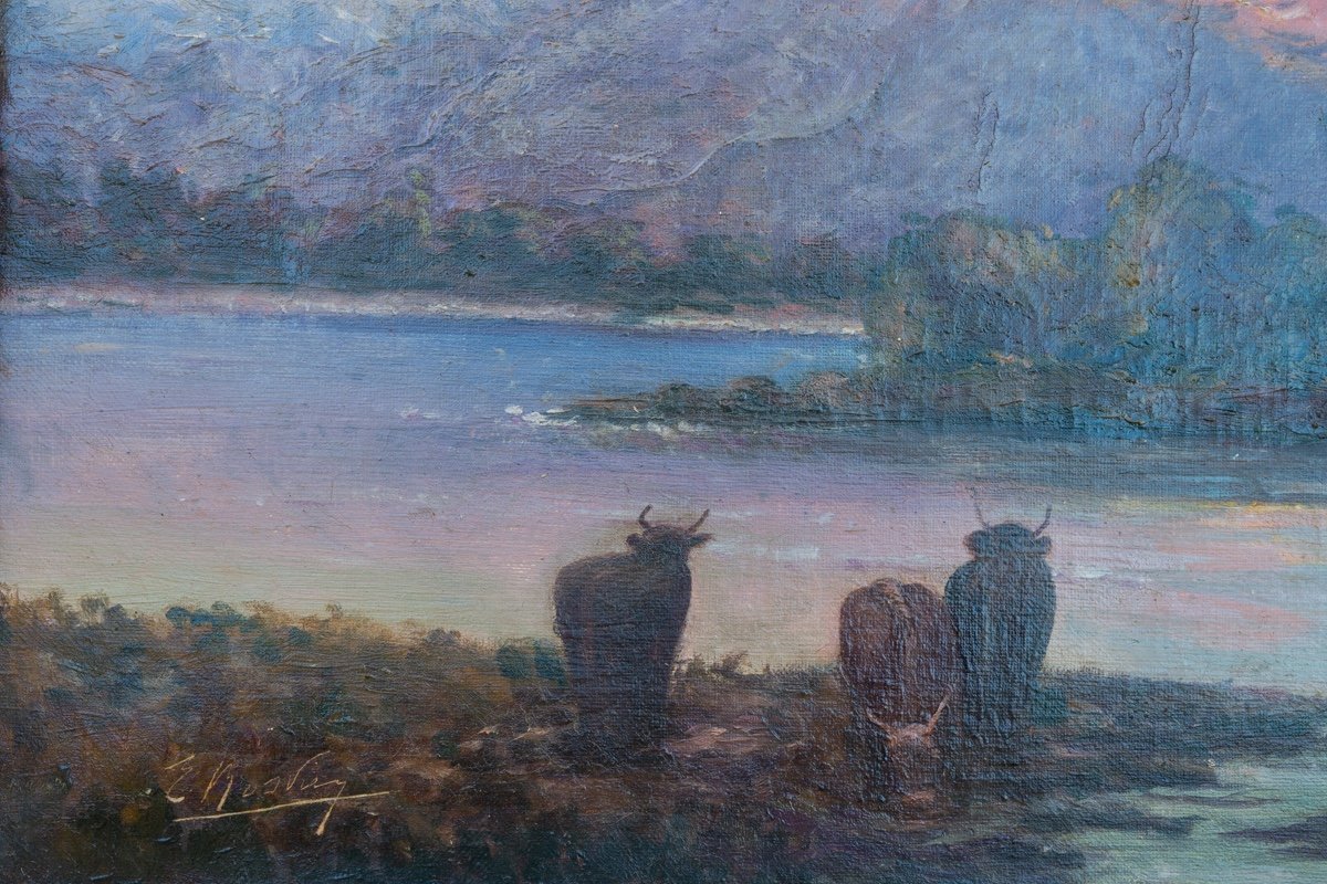 Paysage De Montagne Avec Des Vaches, Huile Sur Toile, Impressionnisme, Vers 1900, Signé. -photo-1