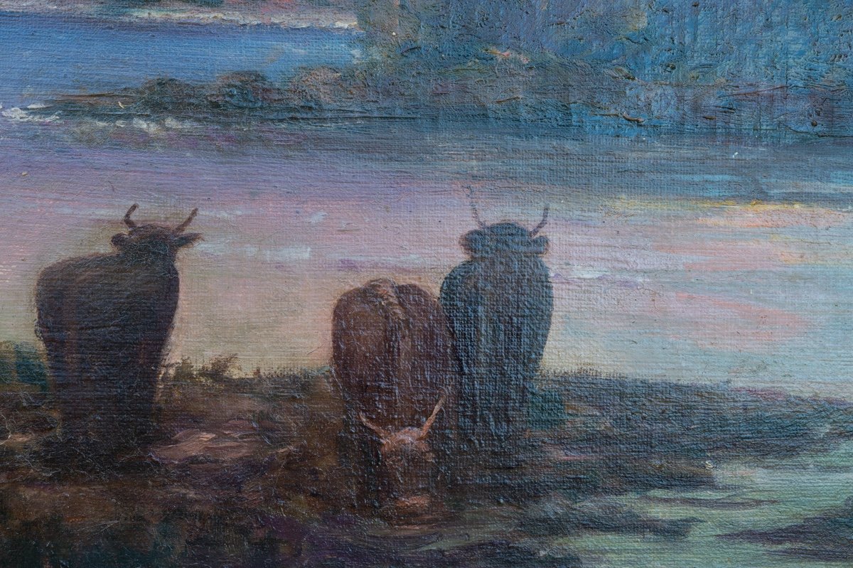 Paysage De Montagne Avec Des Vaches, Huile Sur Toile, Impressionnisme, Vers 1900, Signé. -photo-3