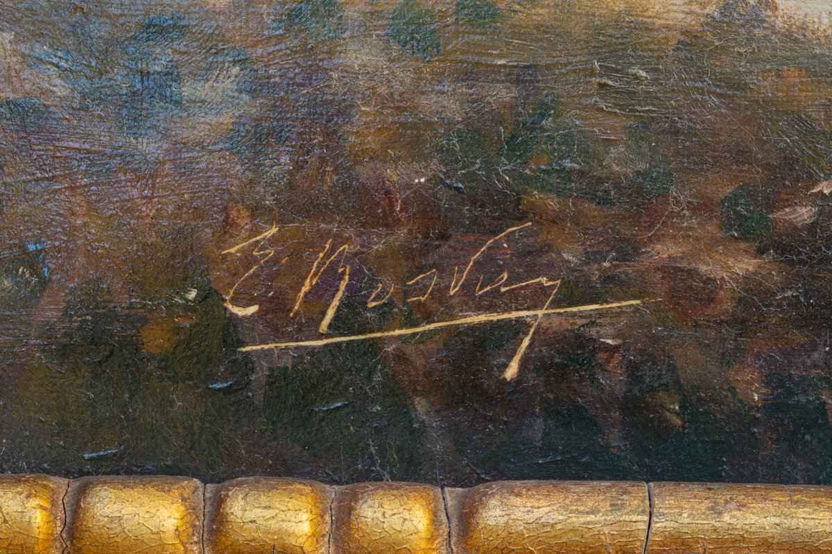 Paysage De Montagne Avec Des Vaches, Huile Sur Toile, Impressionnisme, Vers 1900, Signé. -photo-4
