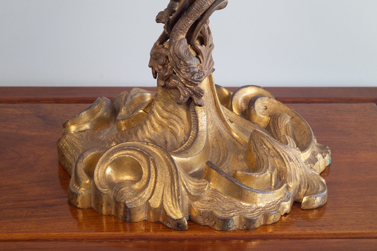 Lampe Avec Dragon, Bronze Doré, Chinoiserie, France, 19ème Siècle -photo-4