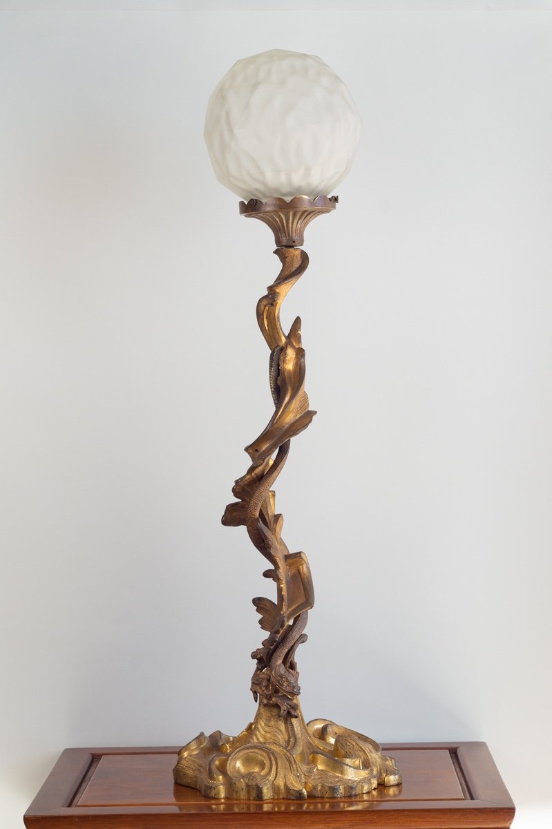 Lampe Avec Dragon, Bronze Doré, Chinoiserie, France, 19ème Siècle 
